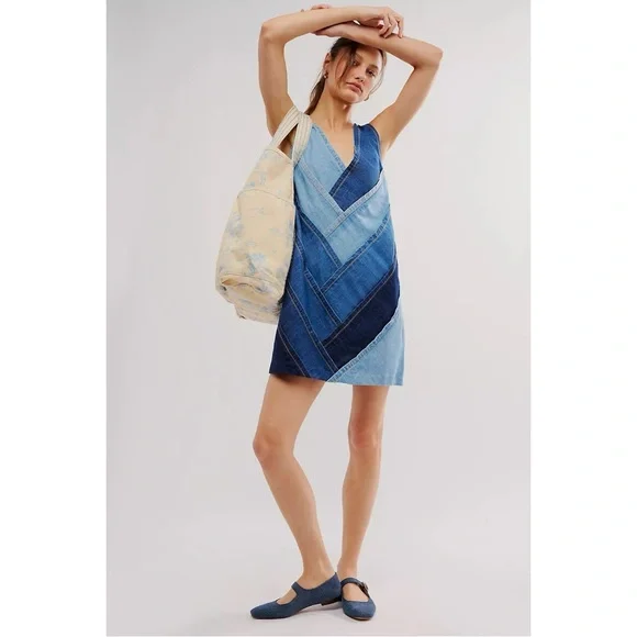 Free People Bohemian 70s Patches Of Denim Mini Dress XS NWT Patchwork Fall Retro - Picture 6 of 16